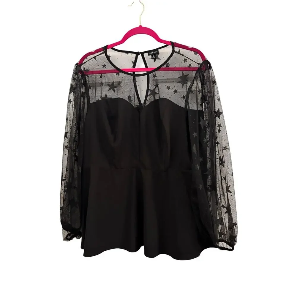 Torrid Black Peplum Blouse Top 2X Mesh Sleeves & Neck Sparkly Stars Whimsygoth - Picture 11 of 11